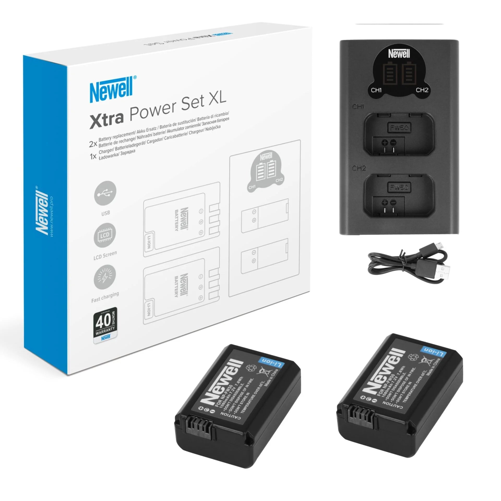 Set 1x Newell DL-USB-C charger and 2x NP-FW50 batteries for Sony