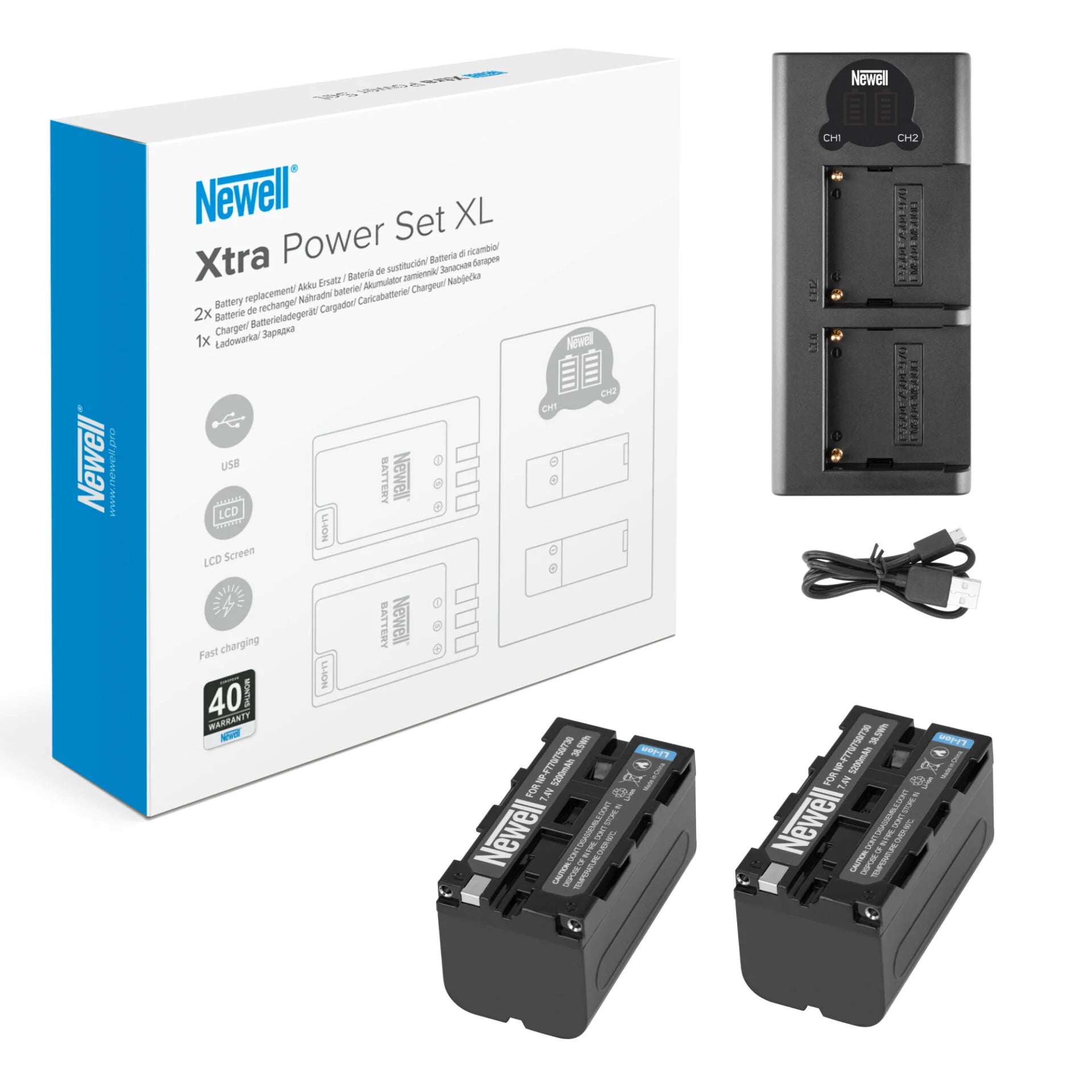 Set 1x Newell DL-USB-C charger and 2x NP-F770 batteries for Sony
